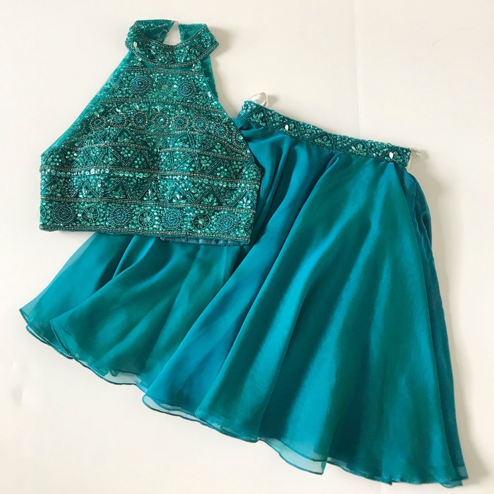 Teal Sherri Hill Beaded 2-Pc Cocktail Formal Dress